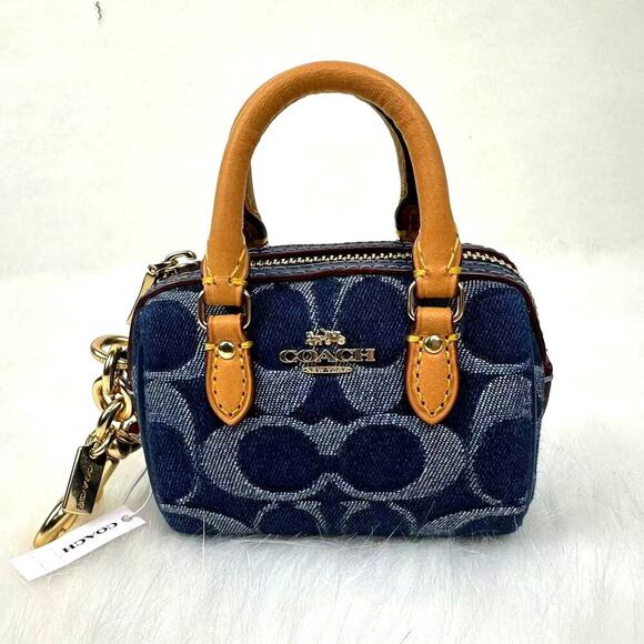 Coach Bag Charm Mini Rowan Signature Denim Natural Gold Brown Blue NWT CZ083 - Picture 1 of 9